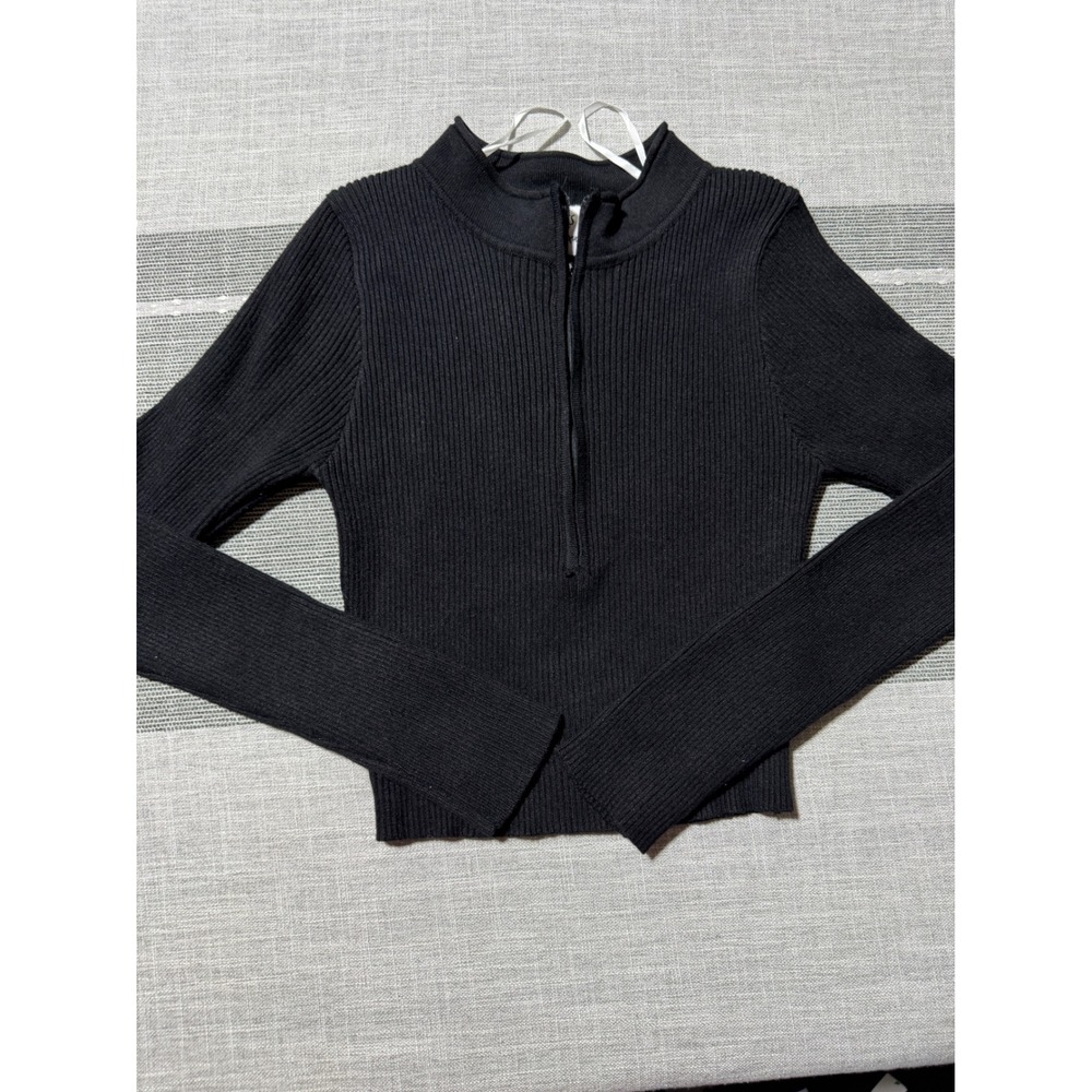 PRINCESS‎ POLLY Black Ribbed Knit Cropped Mock Neck Zip Up Top Womens S M
